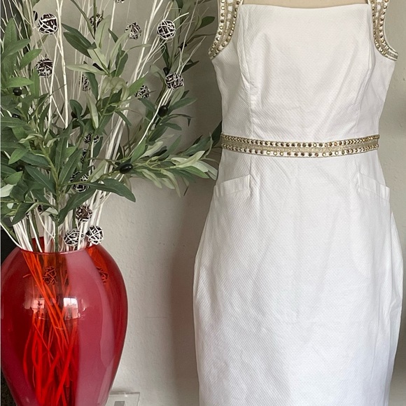 Lily Pulitzer Dana Shift Dress. Elegant White Dress with Gold Accents - Picture 4 of 6